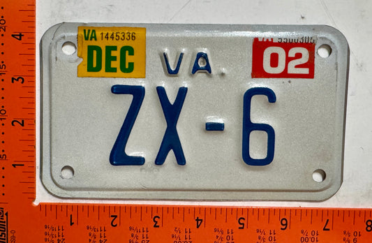 2002 Virginia #ZX-6 Motorcycle Vanity License Plate