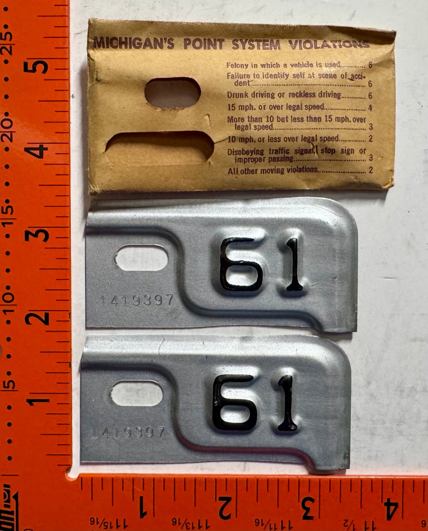 NOS 1961 Michigan #1419397 Passenger License Plate Date Tab PAIR