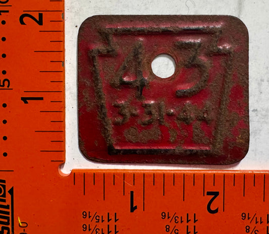 1943 Pennsylvania #989326 Passenger License Plate Date Tab