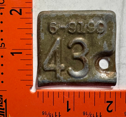 1943 Kansas #6-9199 Passenger License Plate Date Tab