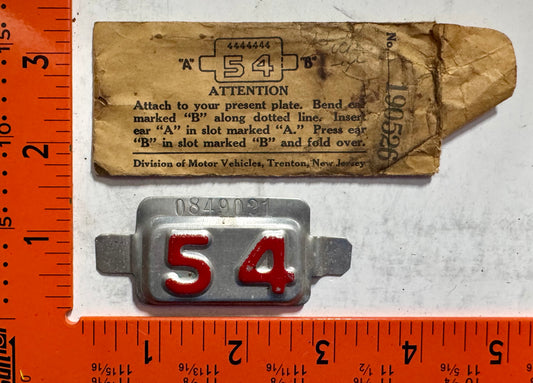 1954 New Jersey #0849021 Passenger License Plate Date Tab