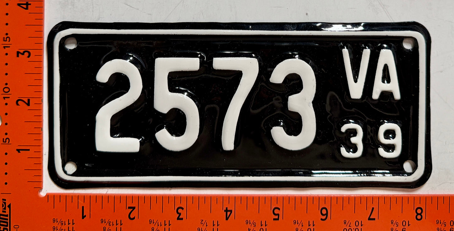 1939 Virginia #2573 Motorcycle License Plate (Repaint)