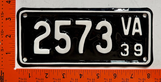 1939 Virginia #2573 Motorcycle License Plate (Repaint)