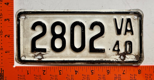 1940 Virginia #2802 Motorcycle License Plate