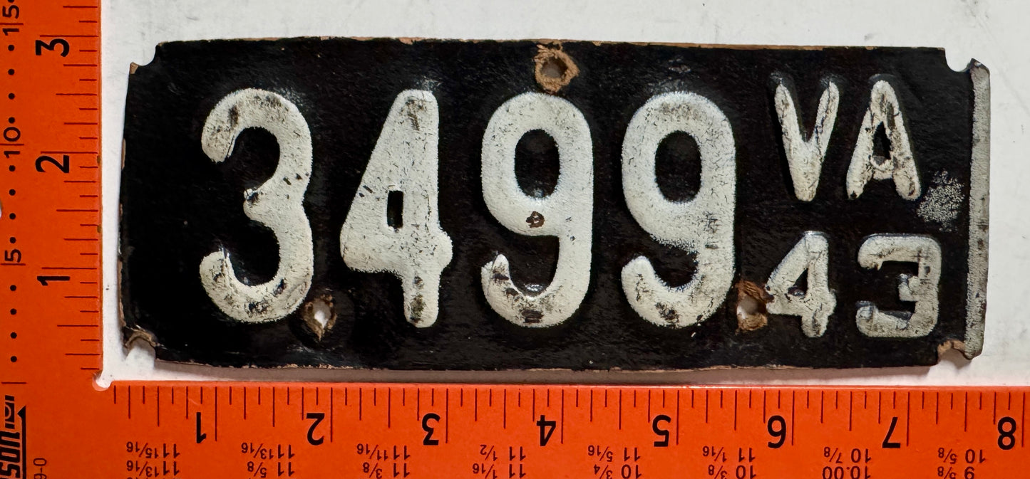 1943 Virginia #3499 Motorcycle License Plate