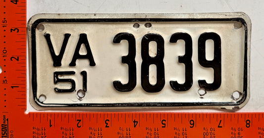 1951 Virginia #3839 Motorcycle License Plate