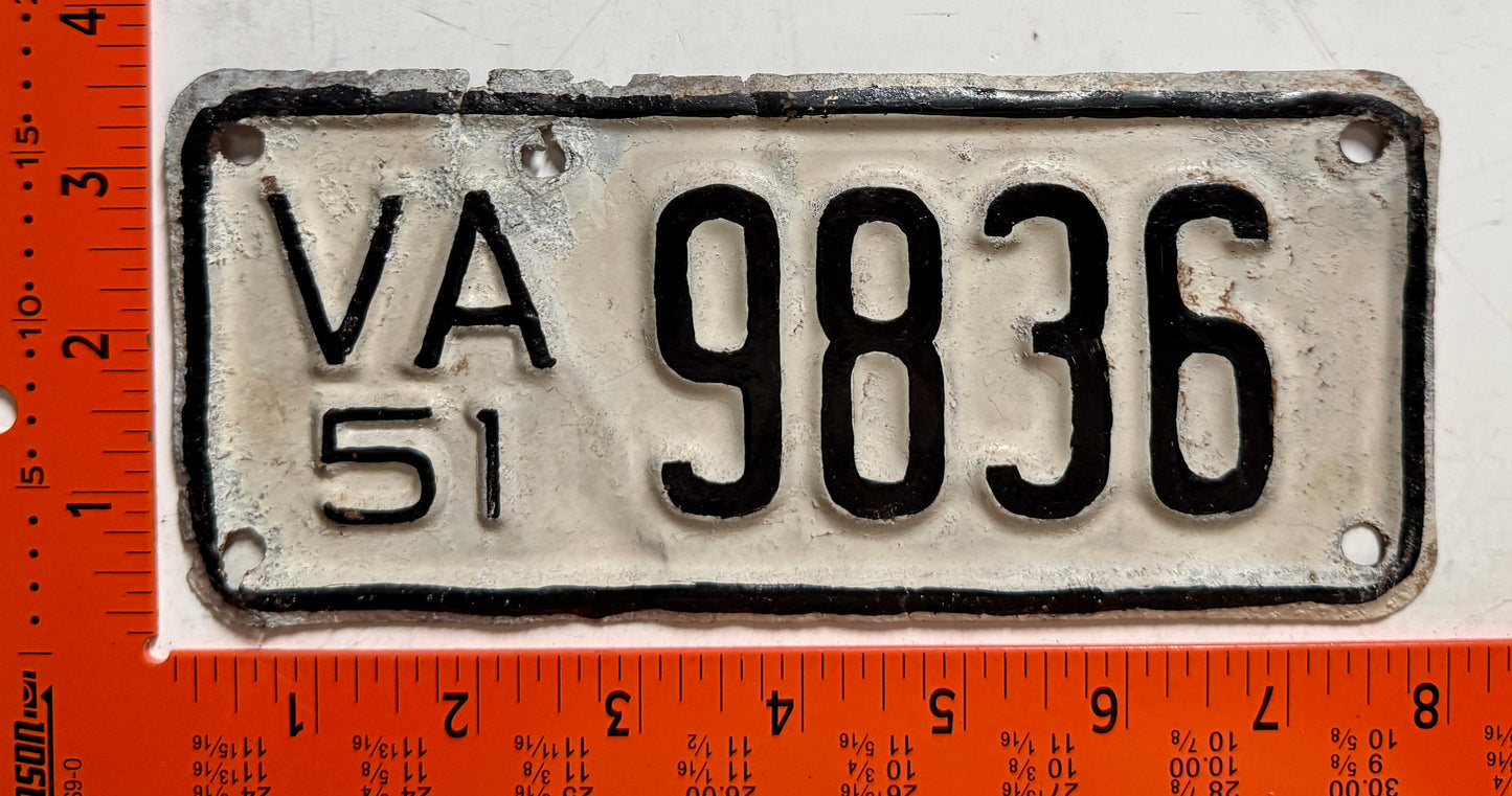 1951 Virginia #9836 Motorcycle License Plate (repaint)