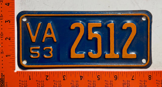 1953 Virginia #2512 Motorcycle License Plate