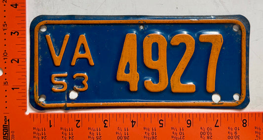 1953 Virginia #4927 Motorcycle License Plate