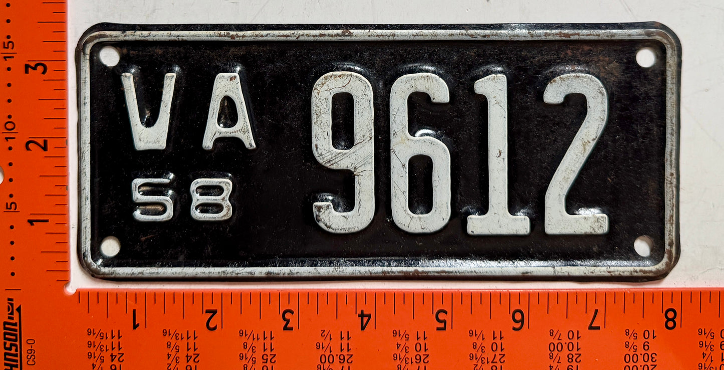 1958 Virginia #9612 Motorcycle License Plate