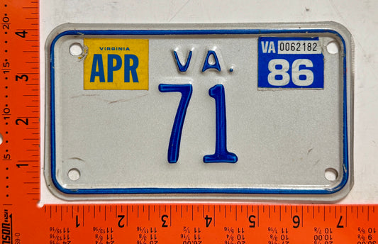 1986 Virginia #71 Motorcycle License Plate