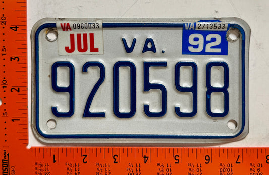 1992 Virginia #920598 Motorcycle License Plate