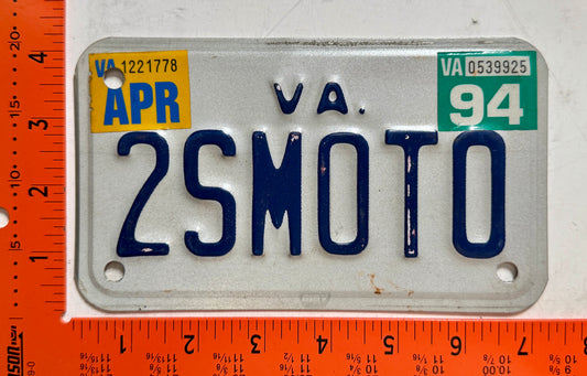 1994 Virginia #2SMOTO Motorcycle Vanity License Plate
