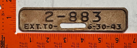 1943 West Virginia #2-883 Passenger License Plate Date Tab