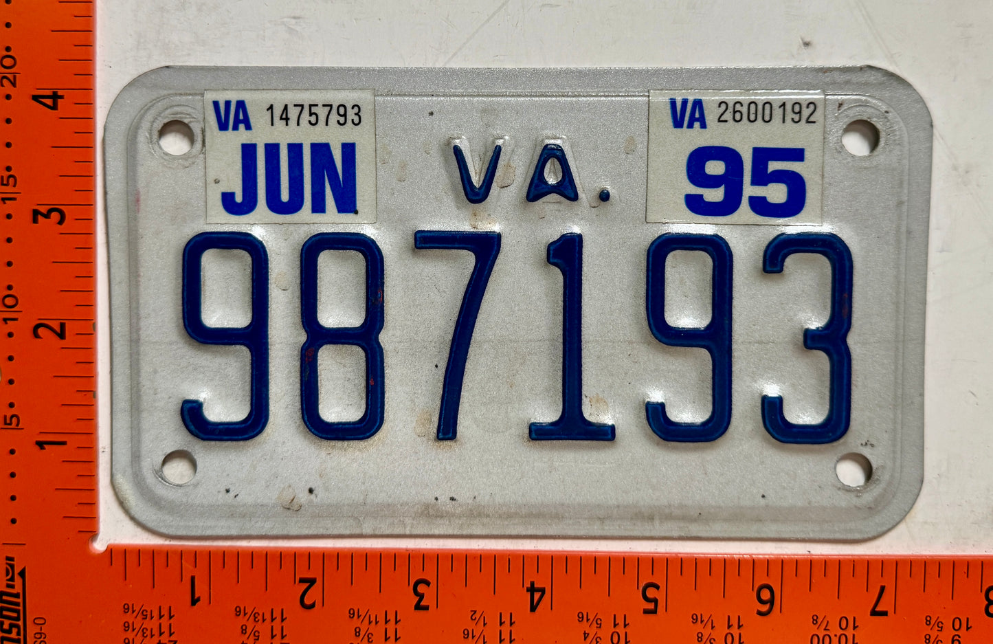 1995 Virginia #987193 Motorcycle License Plate