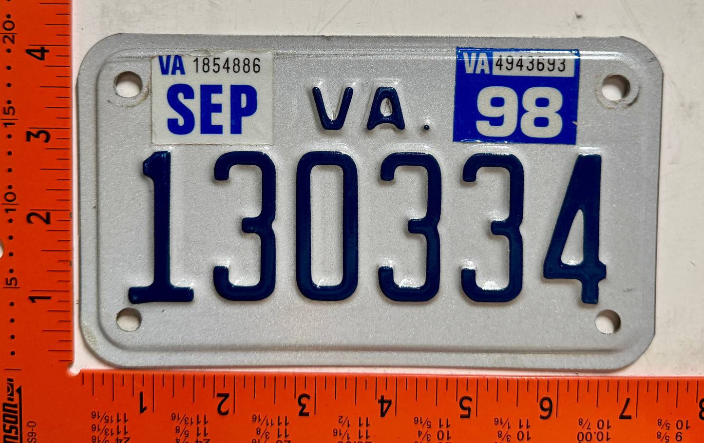 1998 Virginia #130334 Motorcycle License Plate