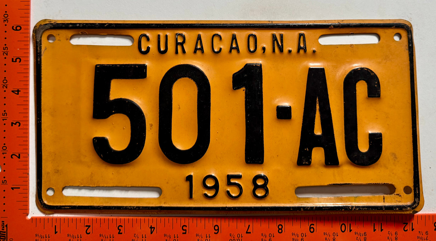 1958 Curacao #501-AC Bus License Plate