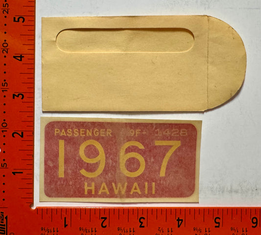 1967 Hawaii #9F-1428 Passenger License Plate Windshield Sticker