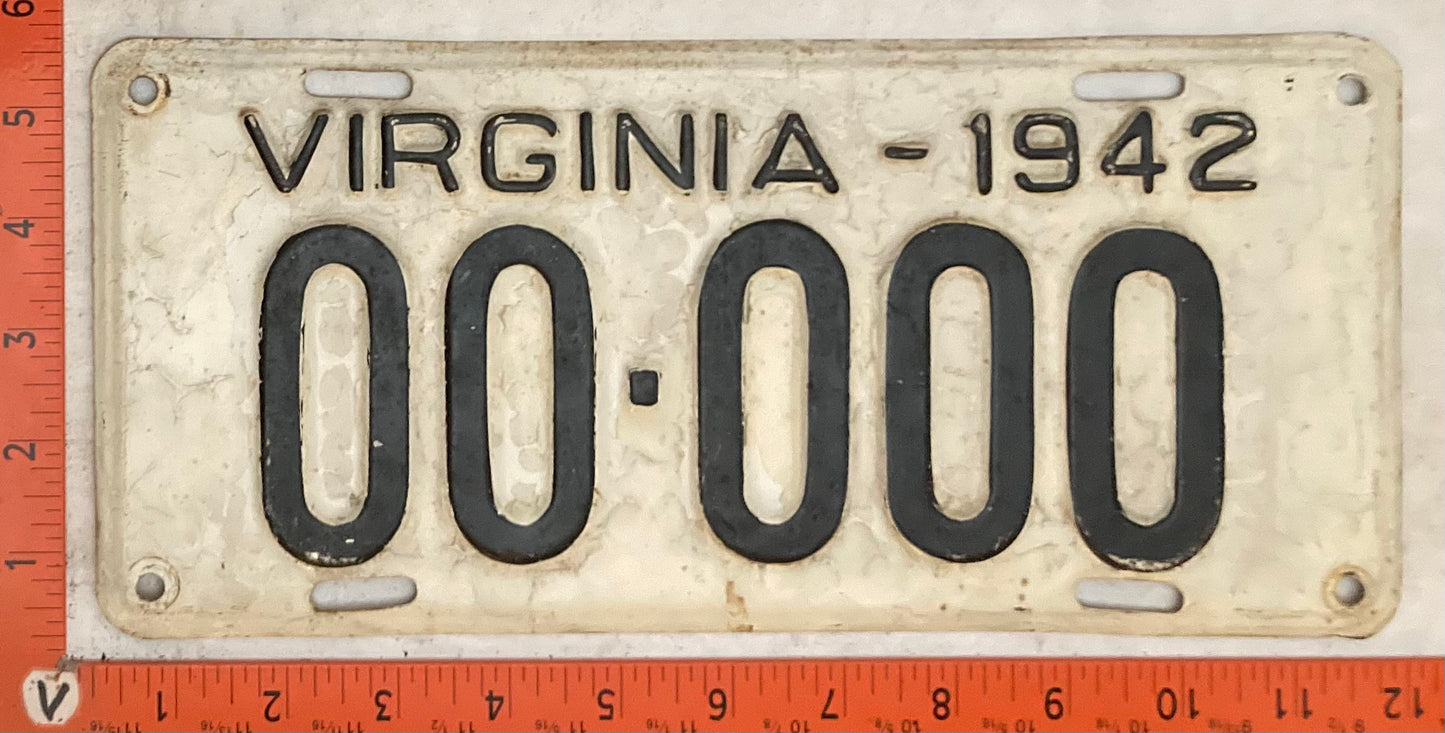1942 Virginia #00-000 Passenger Sample License Plate