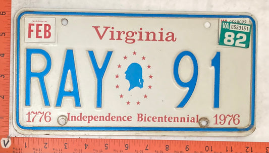 1982 Virginia #RAY 91 Passenger VANITY License Plate (Bicentennial base)
