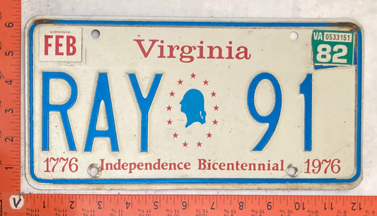 1982 Virginia #RAY 91 Passenger VANITY License Plate (Bicentennial base)