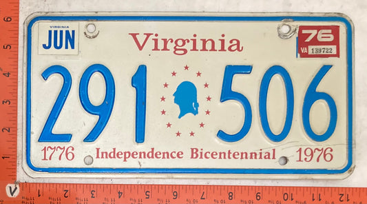 1976 Virginia #291 506 Passenger License Plate (Bicentennial base)