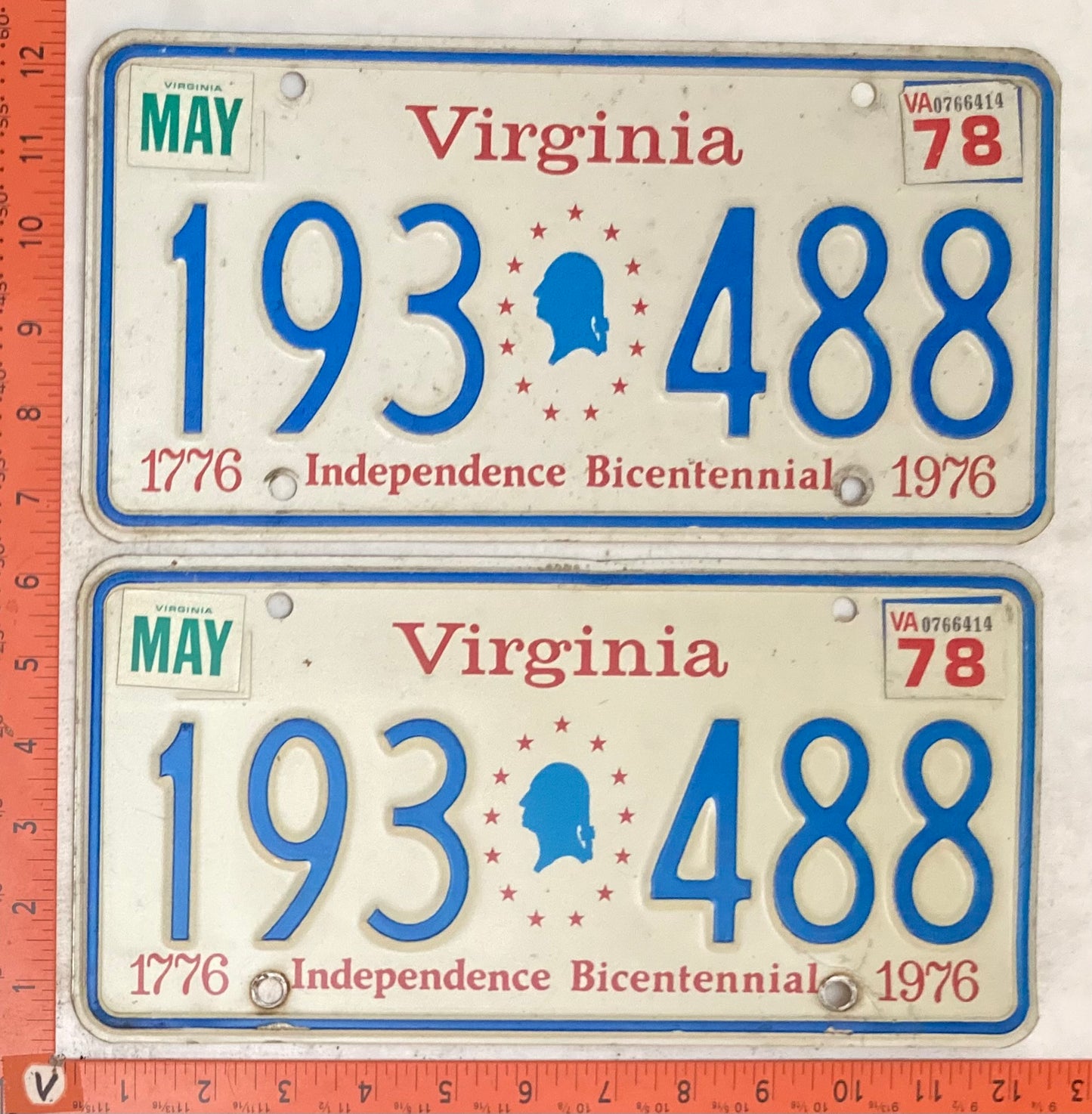 1978 Virginia #193 488 (Pair) Passenger License Plate (Bicentennial base)