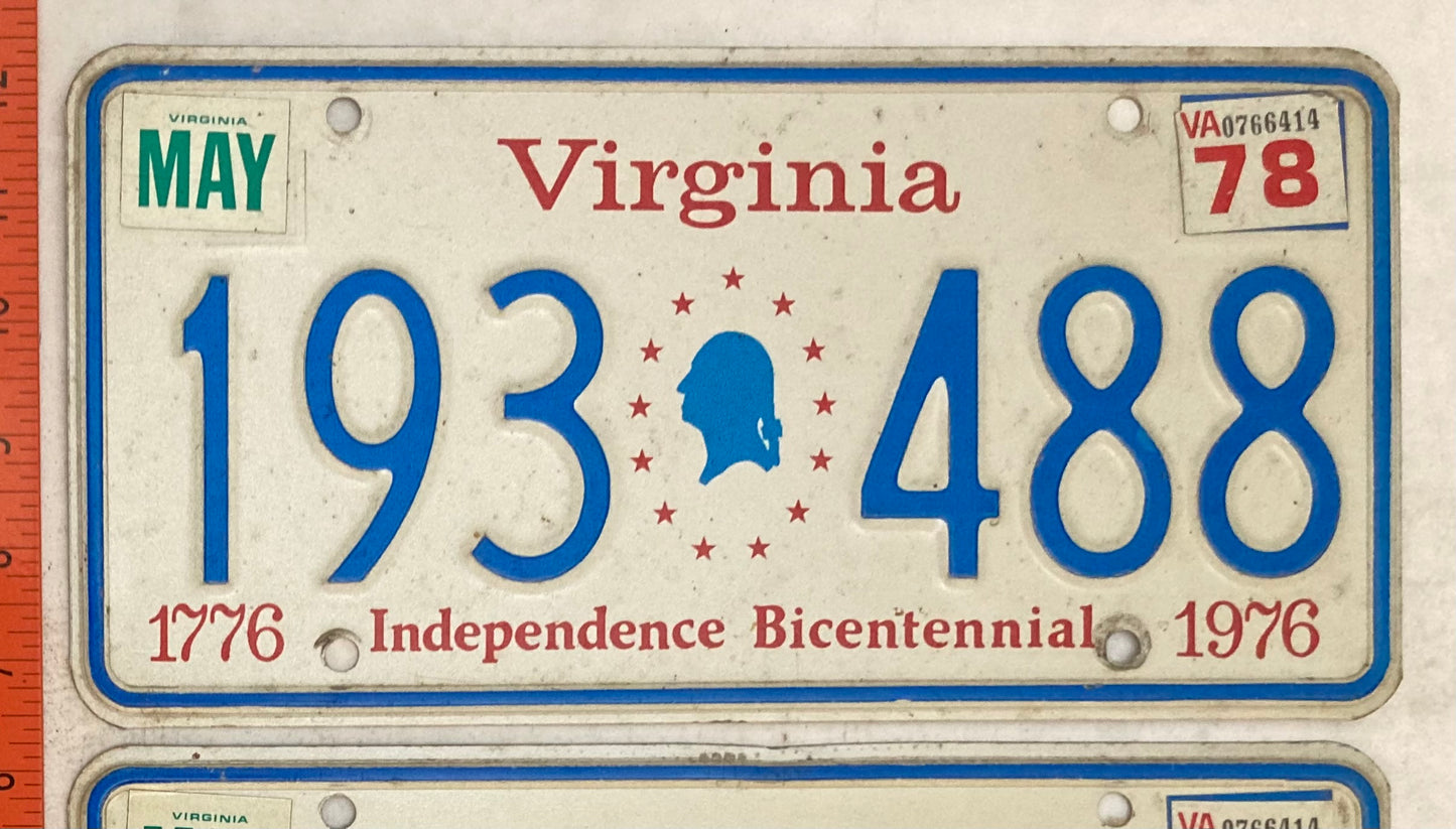 1978 Virginia #193 488 (Pair) Passenger License Plate (Bicentennial base)