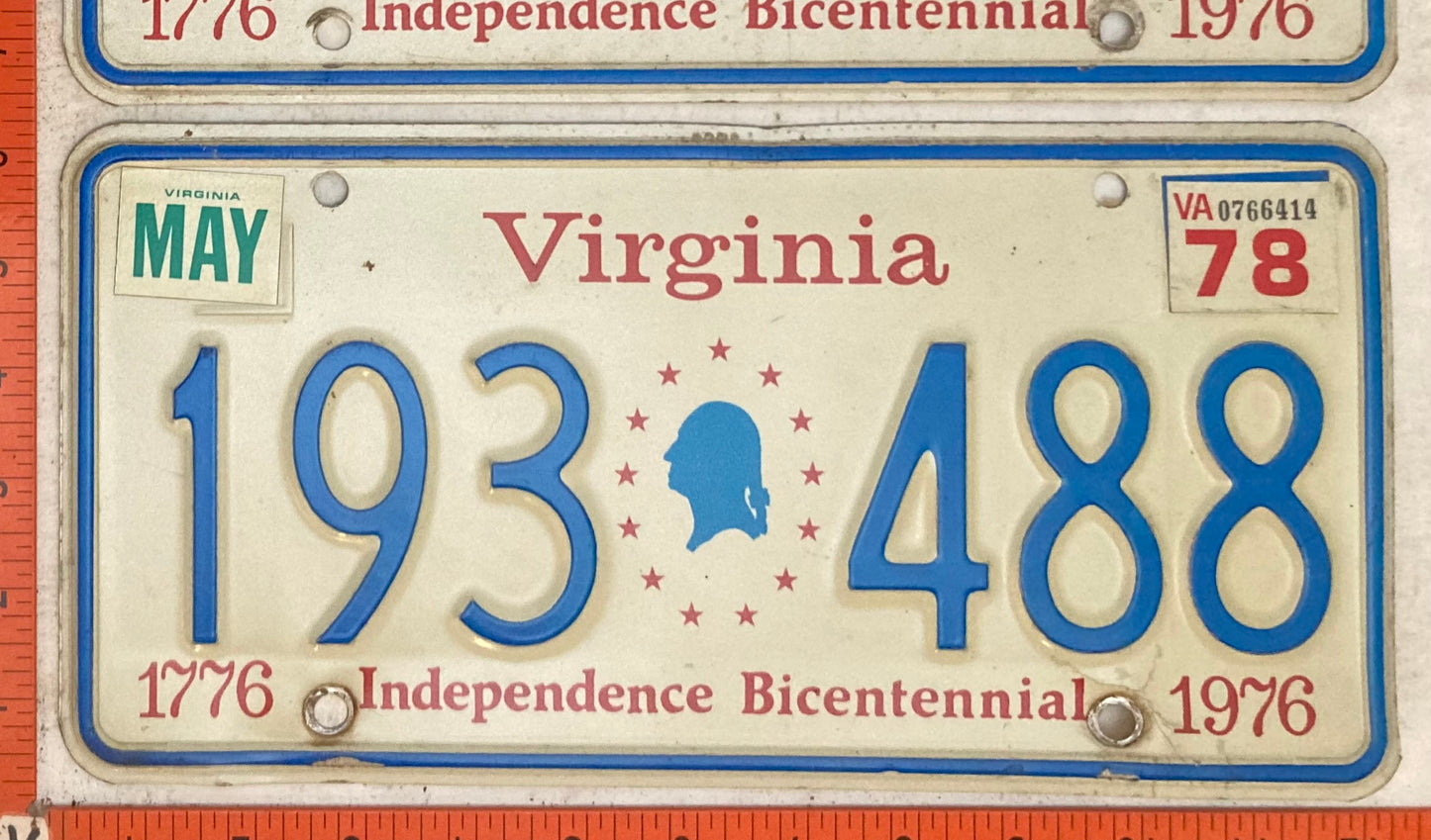 1978 Virginia #193 488 (Pair) Passenger License Plate (Bicentennial base)