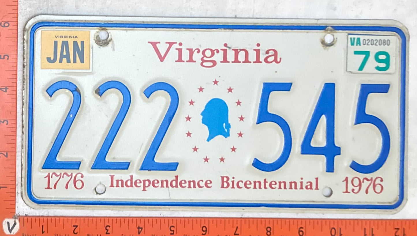 1979 Virginia #222 545 Passenger License Plate (Bicentennial base)