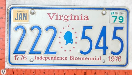 1979 Virginia #222 545 Passenger License Plate (Bicentennial base)