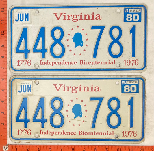 1980 Virginia #448 781 (Pair) Passenger License Plate (Bicentennial base)