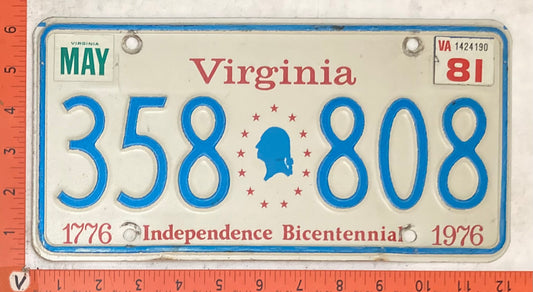 1981 Virginia #358 808 Passenger License Plate (Bicentennial base)