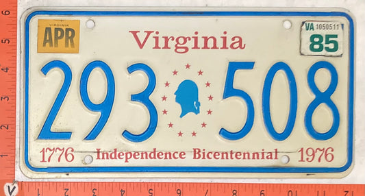 1985 Virginia #293 508 Passenger License Plate (Bicentennial base)