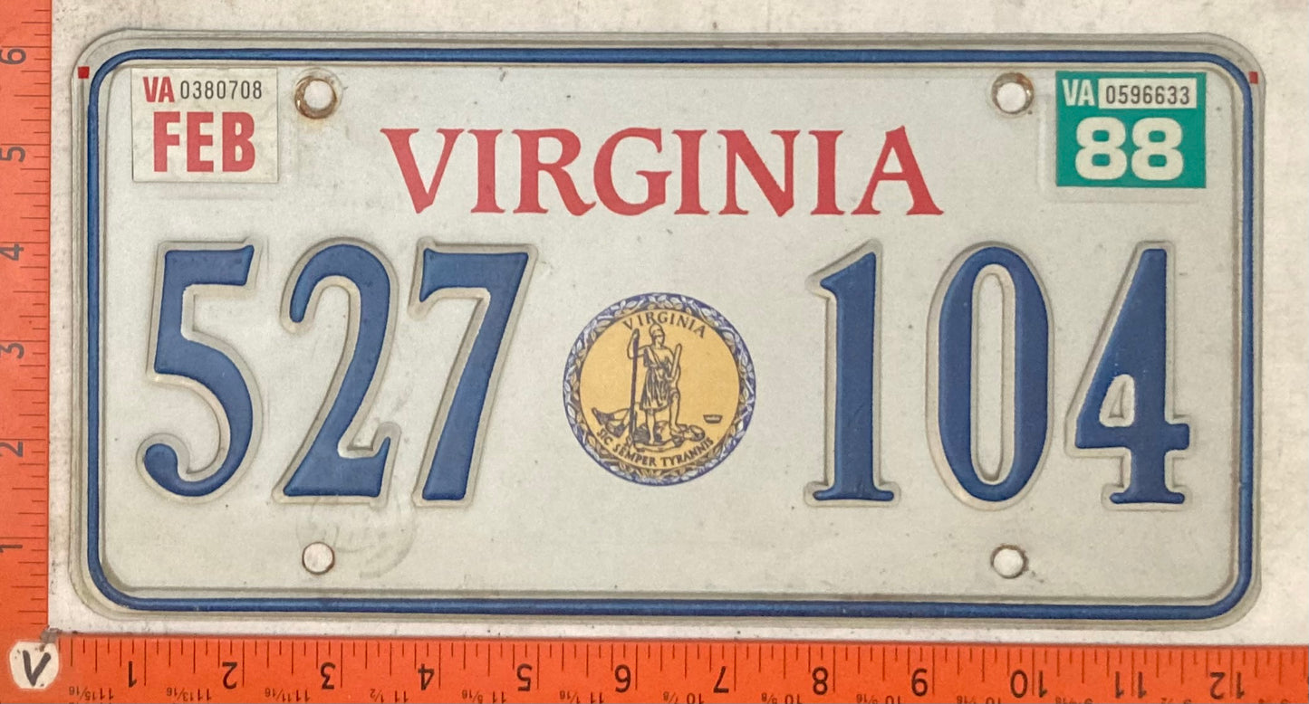 1988 Virginia #527 104 Passenger License Plate (Gold Seal base)