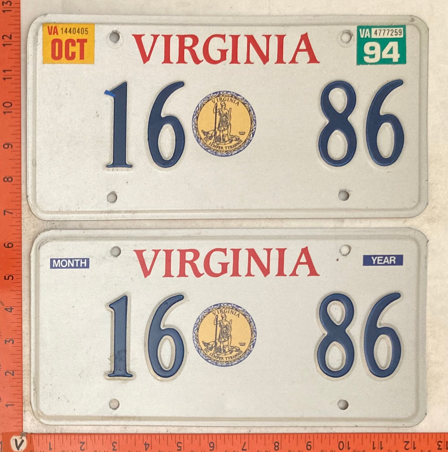 1994 Virginia #16 68 Passenger License Plate Pair (Gold Seal base)