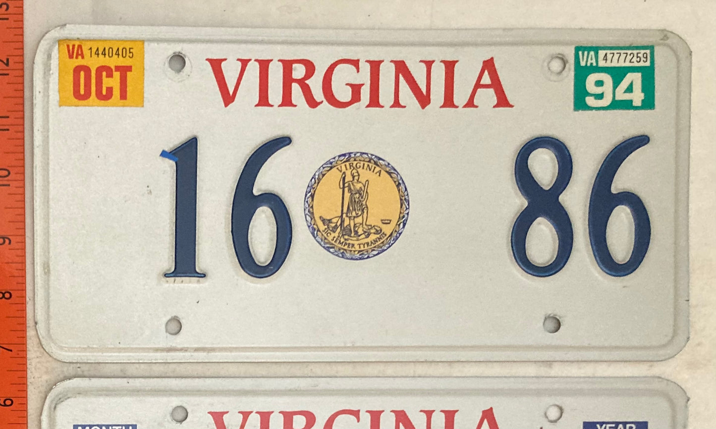 1994 Virginia #16 68 Passenger License Plate Pair (Gold Seal base)