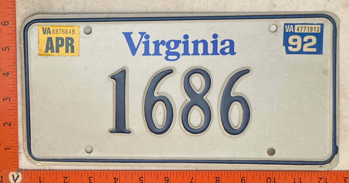 1992 Virginia #1686 Passenger License Plate