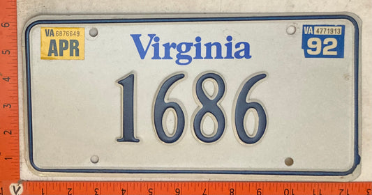 1992 Virginia #1686 Passenger License Plate