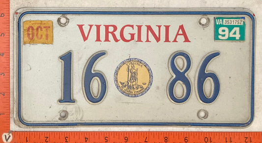 1994 Virginia #16 86 Passenger License Plate (Gold Seal base)