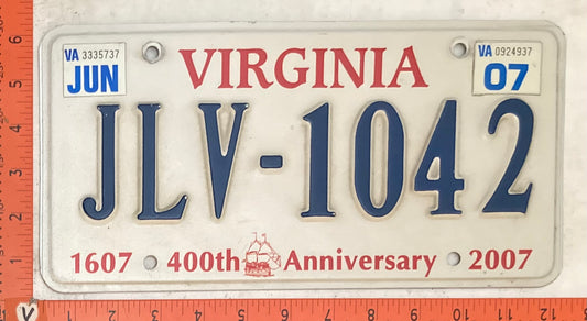 2007 Virginia #JLV-1042 Passenger License Plate