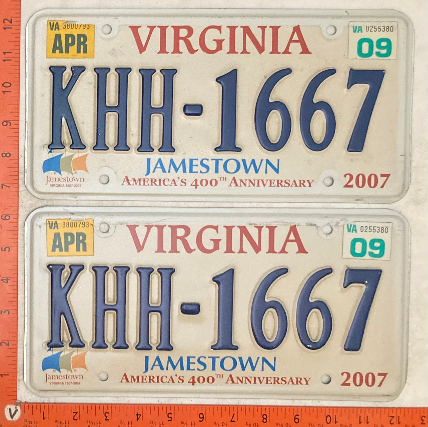2009 Virginia #KHH-1667 Passenger License Plate Pair (Jamestown base)