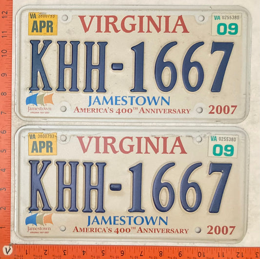 2009 Virginia #KHH-1667 Passenger License Plate Pair (Jamestown base)