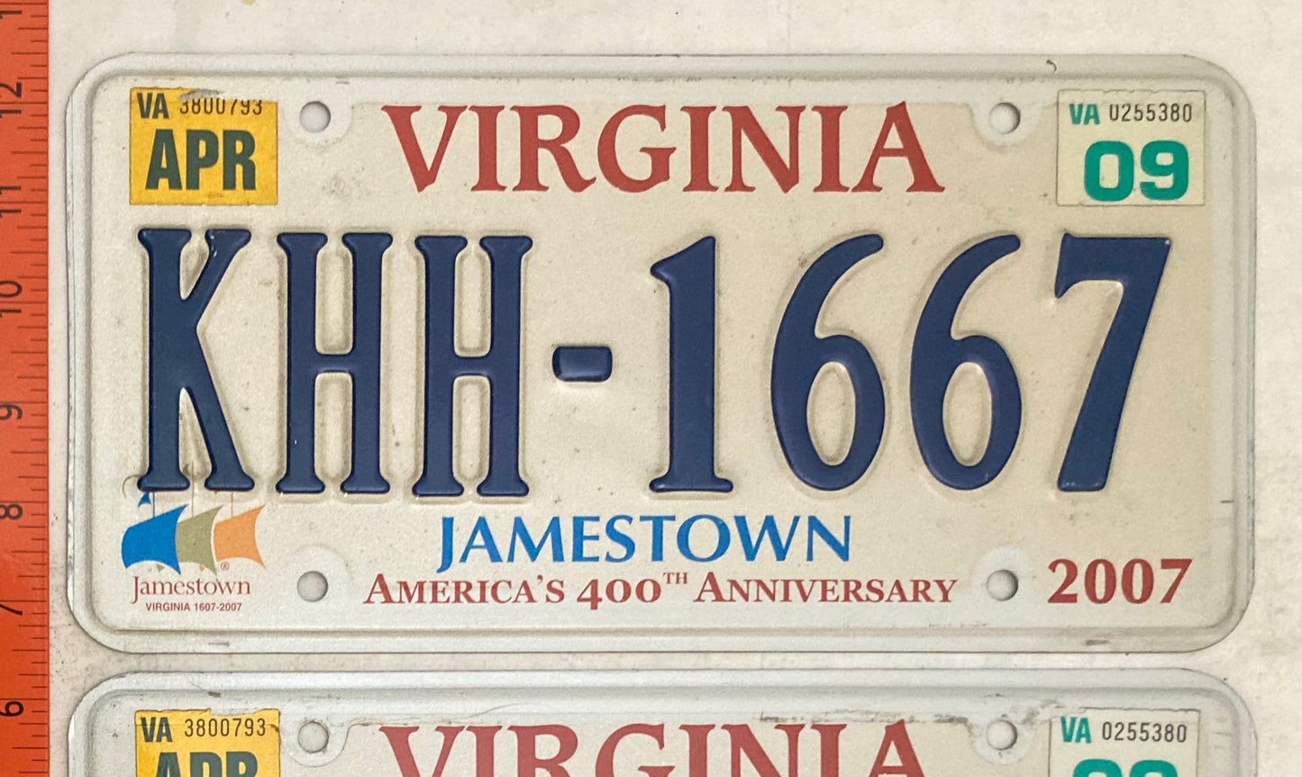 2009 Virginia #KHH-1667 Passenger License Plate Pair (Jamestown base)