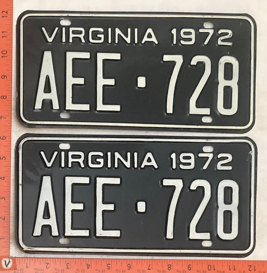 1972 Virginia #AEE-728 Passenger License Plate (Pair)