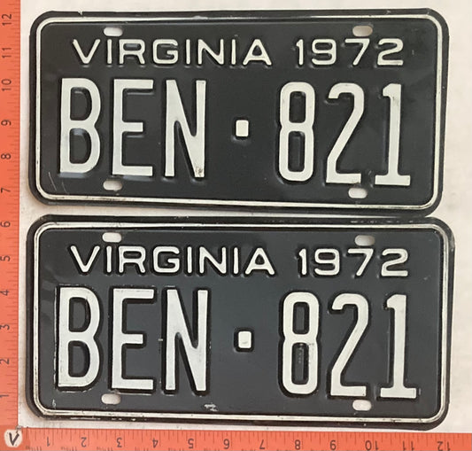 1972 Virginia #BEN-821 Passenger License Plate (Pair)