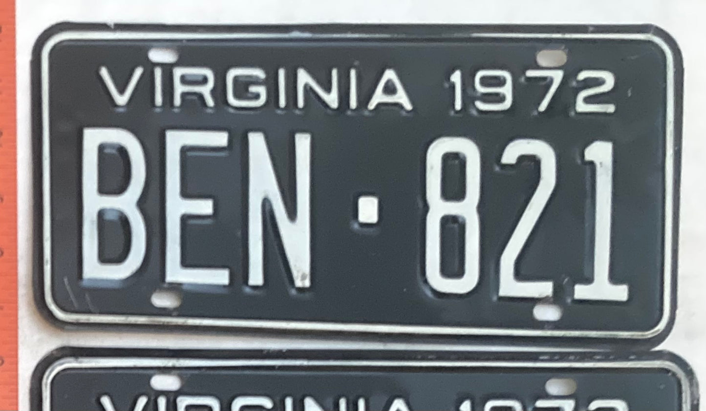 1972 Virginia #BEN-821 Passenger License Plate (Pair)