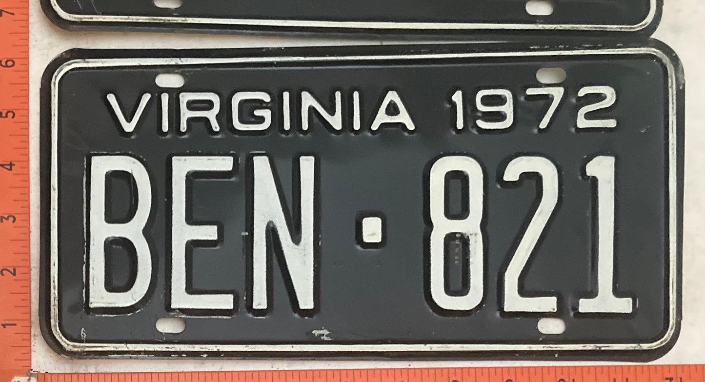 1972 Virginia #BEN-821 Passenger License Plate (Pair)