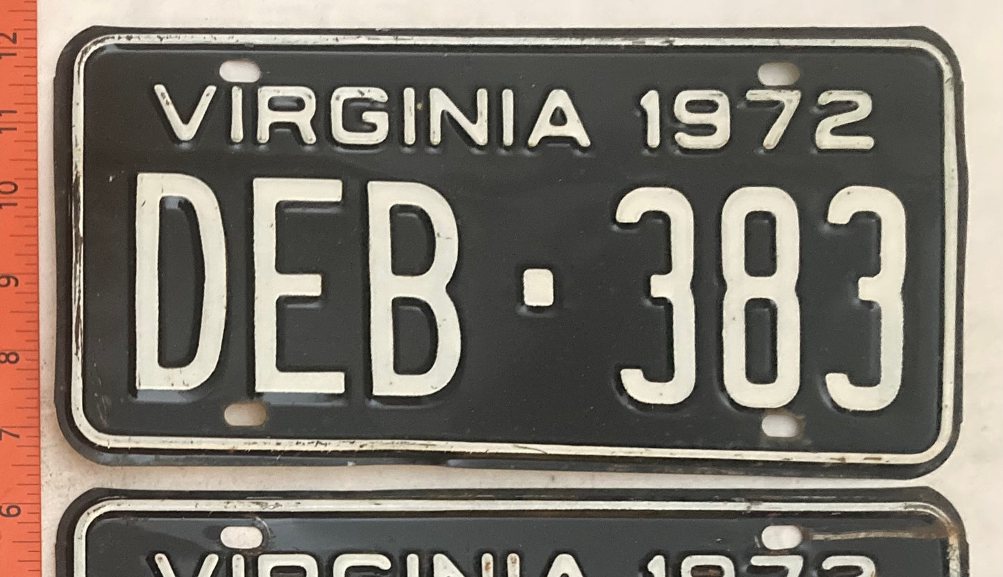 1972 Virginia #DEB-383 Passenger License Plate (Pair)
