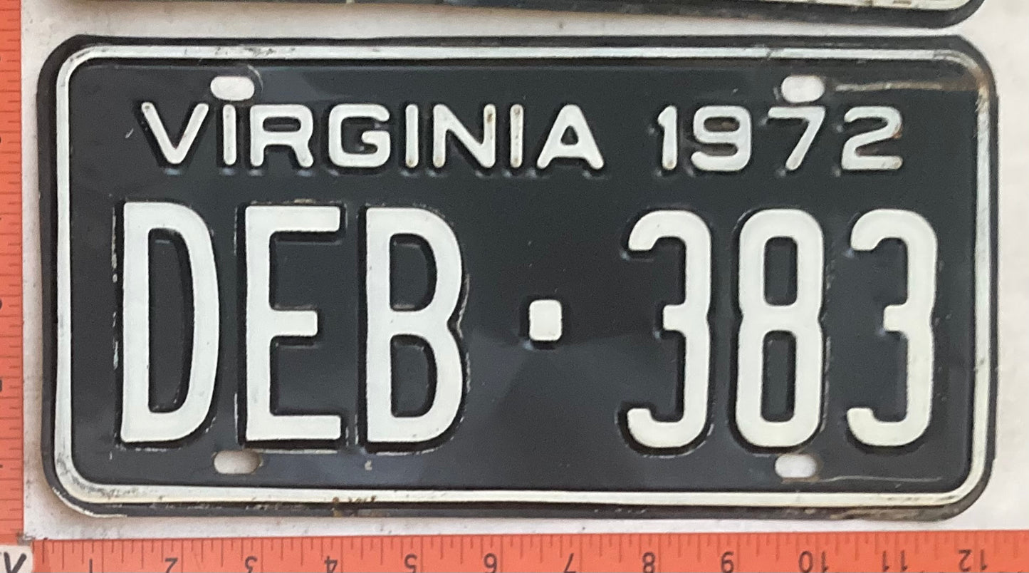 1972 Virginia #DEB-383 Passenger License Plate (Pair)